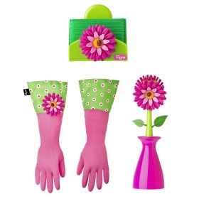 VIGAR FLOWER POWER GLOVES/PINK DISH BRUSH WITH VASE AND